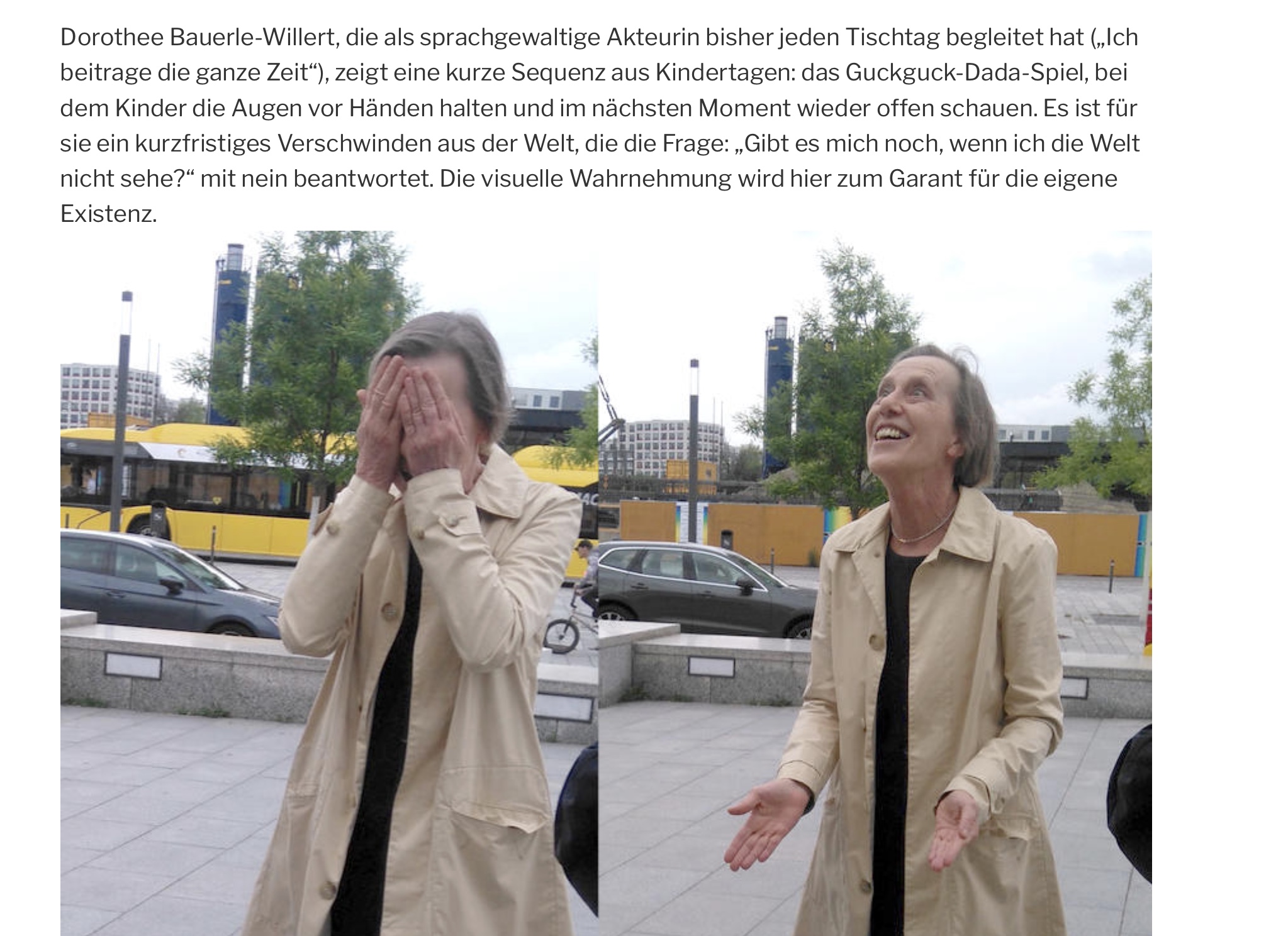 Performance-Beitrag von Dorothee zu VERSCHWINDEN am 24. 6. 2021 vor der Berliner Philharmonie. Foto: Nanae Suzuki, Text: Christiane ten Hoevel/></noscript><img class=